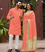 Peach silk couple wear saree with kurta