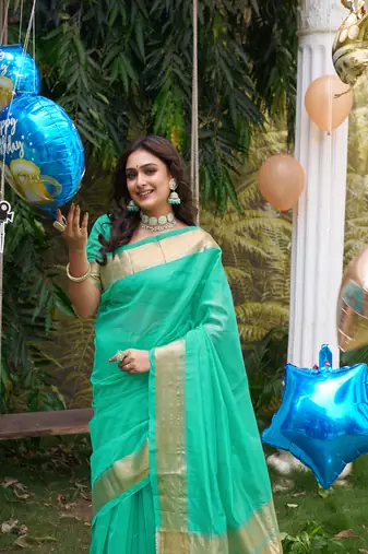 Hunny teal silk couple wear saree with kurta