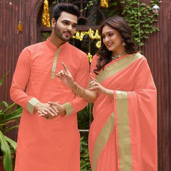 Peach silk couple wear saree with kurta 2