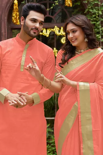 Peach silk couple wear saree with kurta
