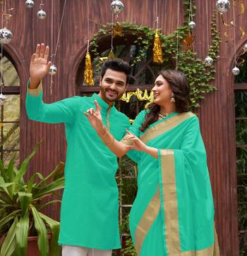 Rama green silk couple wear saree with kurta 3