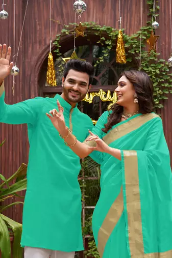 Rama green silk couple wear saree with kurta