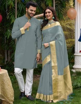 Hunny grey silk couple wear saree with kurta 1