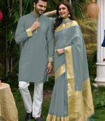 Hunny grey silk couple wear saree with kurta
