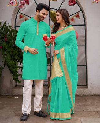 Rama green silk couple wear saree with kurta 4