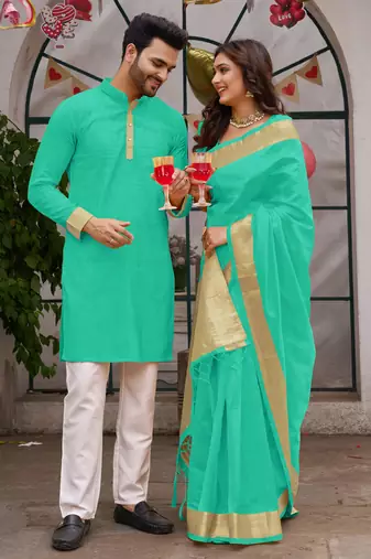 Rama green silk couple wear saree with kurta
