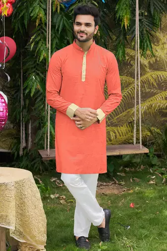 Hunny peach silk couple wear saree with kurta