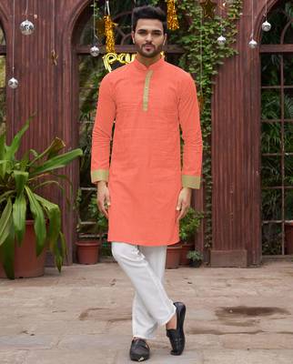 Peach silk couple wear saree with kurta 4