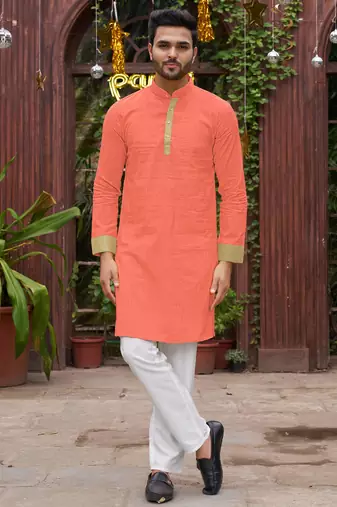 Peach silk couple wear saree with kurta