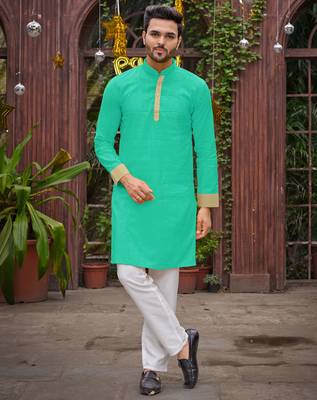 Rama green silk couple wear saree with kurta 5