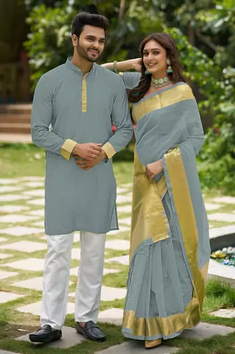 Hunny grey silk couple wear saree with kurta