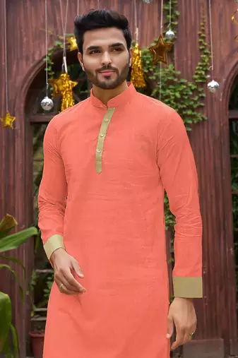 Peach silk couple wear saree with kurta
