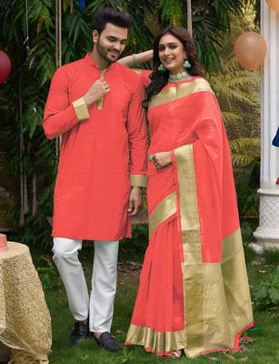 Hunny pink silk couple wear saree with kurta 1
