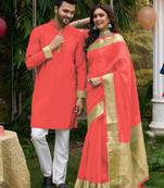 Hunny pink silk couple wear saree with kurta