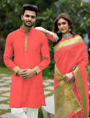 Hunny pink silk couple wear saree with kurta 2