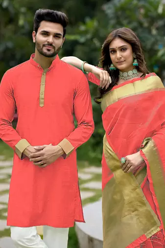 Hunny pink silk couple wear saree with kurta