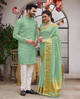 Bansari sea green couple set saree with kurta 1