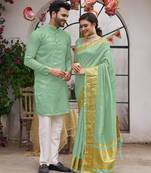 Bansari sea green couple set saree with kurta