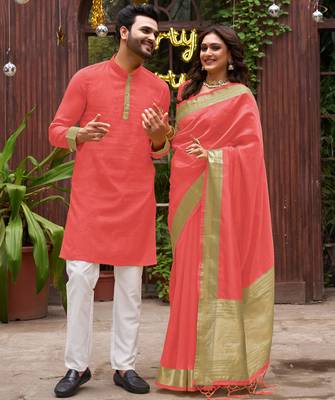 Coral silk couple wear saree with kurta 1