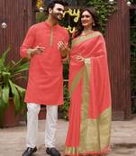 Coral silk couple wear saree with kurta