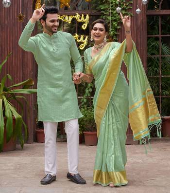 Bansari sea green couple set saree with kurta 2