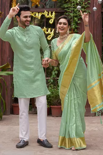 Bansari sea green couple set saree with kurta