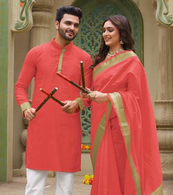 Coral silk couple wear saree with kurta 2