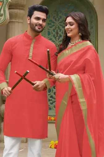 Coral silk couple wear saree with kurta