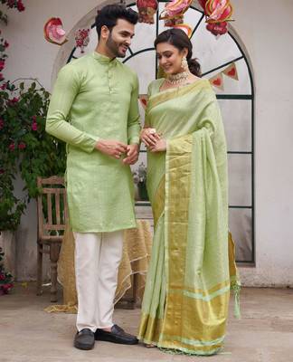 Mint Green Festive Couple's Set with Subtle Weave | Coordinated Ethnic Wear for Celebrations 1