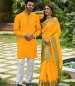Hunny yellow silk couple wear saree with kurta