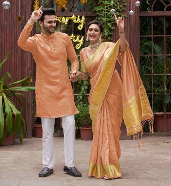 Bansari peach couple set saree with kurta 1