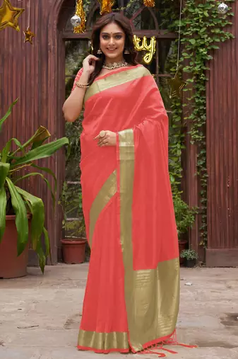 Coral silk couple wear saree with kurta