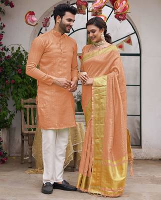 Bansari peach couple set saree with kurta 2