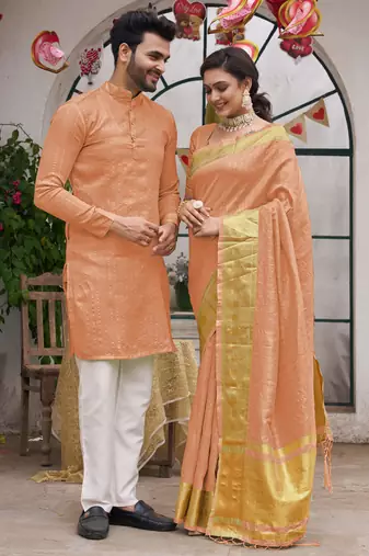 Bansari peach couple set saree with kurta