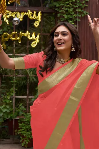 Coral silk couple wear saree with kurta