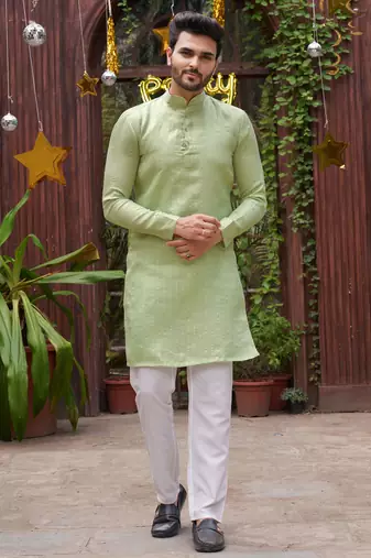 Mint Green Festive Couple's Set with Subtle Weave | Coordinated Ethnic Wear for Celebrations