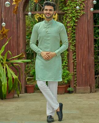 Bansari sea green couple set saree with kurta 5