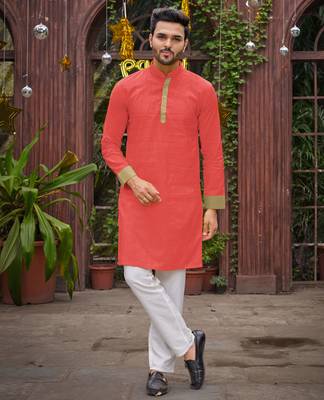 Coral silk couple wear saree with kurta 5