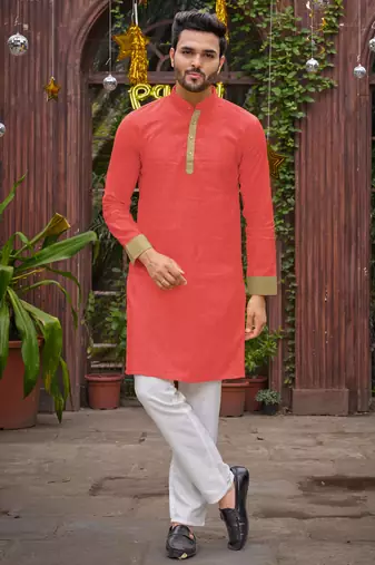 Coral silk couple wear saree with kurta