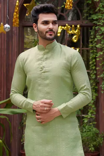 Mint Green Festive Couple's Set with Subtle Weave | Coordinated Ethnic Wear for Celebrations