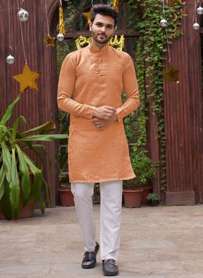 Bansari peach couple set saree with kurta 4