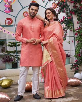 Sumitra pink silk couple wear saree with kurta 1