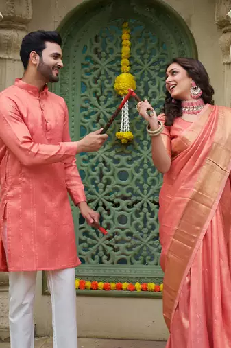 Sumitra pink silk couple wear saree with kurta