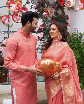 Sumitra pink silk couple wear saree with kurta 4