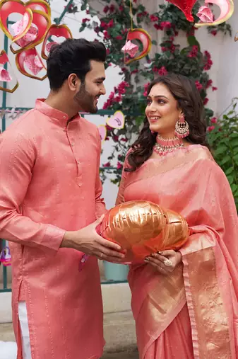 Sumitra pink silk couple wear saree with kurta