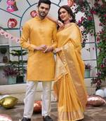 Sumitra yellow silk couple wear saree with kurta