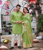 Sumitra green silk couple wear saree with kurta
