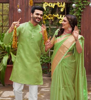 Sumitra green silk couple wear saree with kurta 2