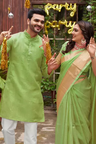 Sumitra green silk couple wear saree with kurta