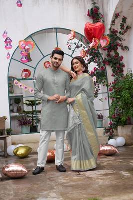 Sumitra grey silk couple wear saree with kurta 1